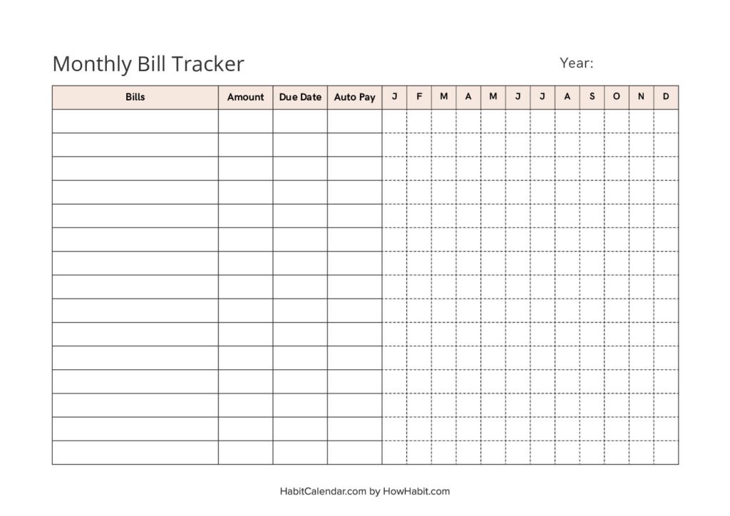 Monthly Bill Tracker Calendar